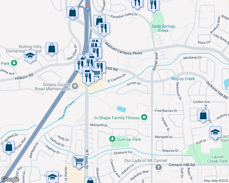 map of restaurants, bars, coffee shops, grocery stores, and more near 3300 Arroyo Drive in Fairfield