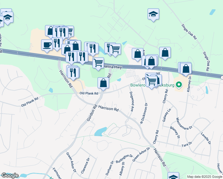 map of restaurants, bars, coffee shops, grocery stores, and more near 6533 Old Plank Road in Fredericksburg