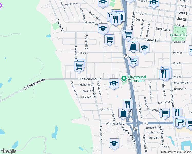 map of restaurants, bars, coffee shops, grocery stores, and more near 2651 Old Sonoma Road in Napa