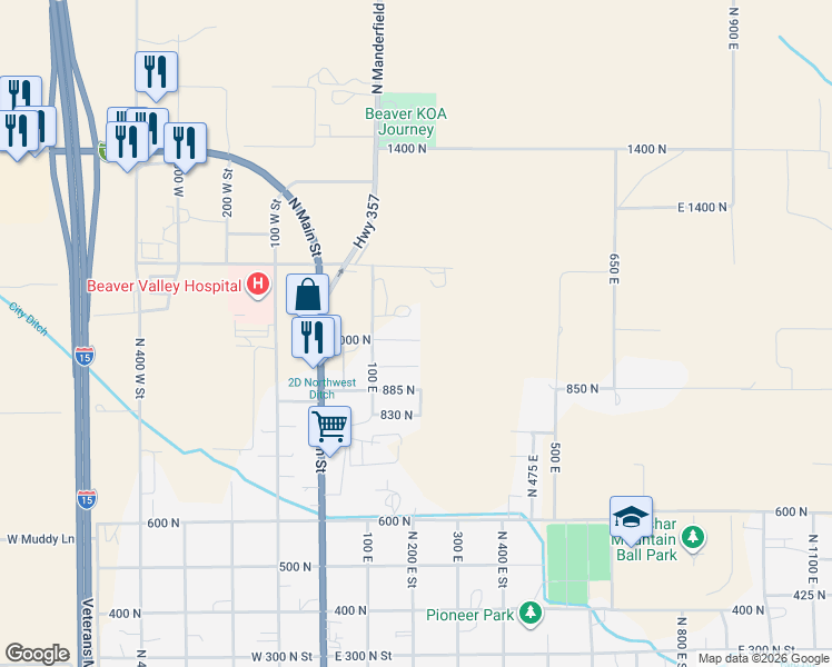 map of restaurants, bars, coffee shops, grocery stores, and more near 191 East 1000 North Street in Beaver