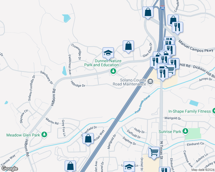 map of restaurants, bars, coffee shops, grocery stores, and more near 2061 Hillridge Drive in Fairfield