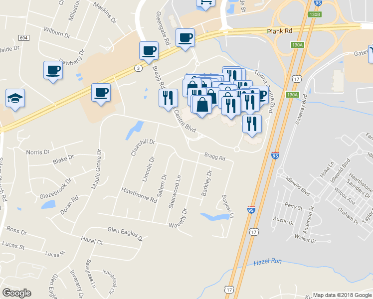 map of restaurants, bars, coffee shops, grocery stores, and more near 3322 Bragg Road in Fredericksburg