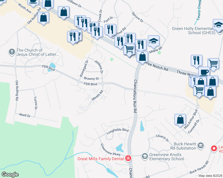 map of restaurants, bars, coffee shops, grocery stores, and more near 22574 Lower Kells Court in Great Mills