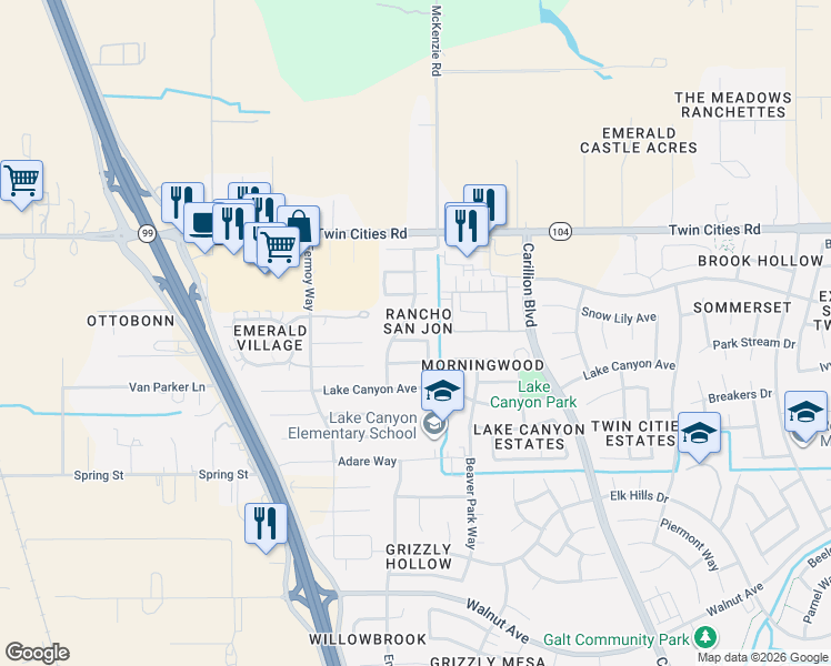 map of restaurants, bars, coffee shops, grocery stores, and more near 799 Morgans Ranch Cir in Galt