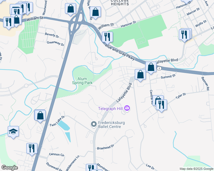 map of restaurants, bars, coffee shops, grocery stores, and more near 1603 Rampart Drive in Fredericksburg