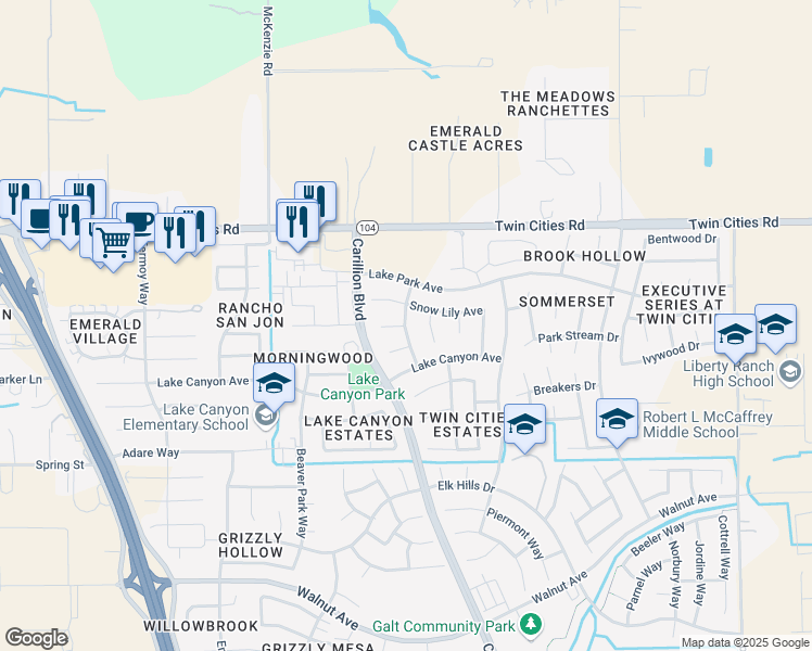 map of restaurants, bars, coffee shops, grocery stores, and more near Thornbridge Drive in Galt