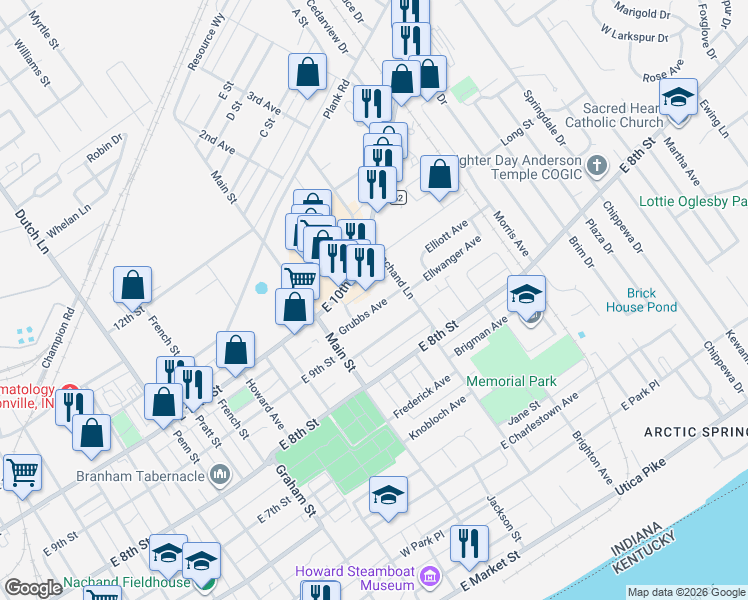 map of restaurants, bars, coffee shops, grocery stores, and more near 1422 Grubbs Avenue in Jeffersonville