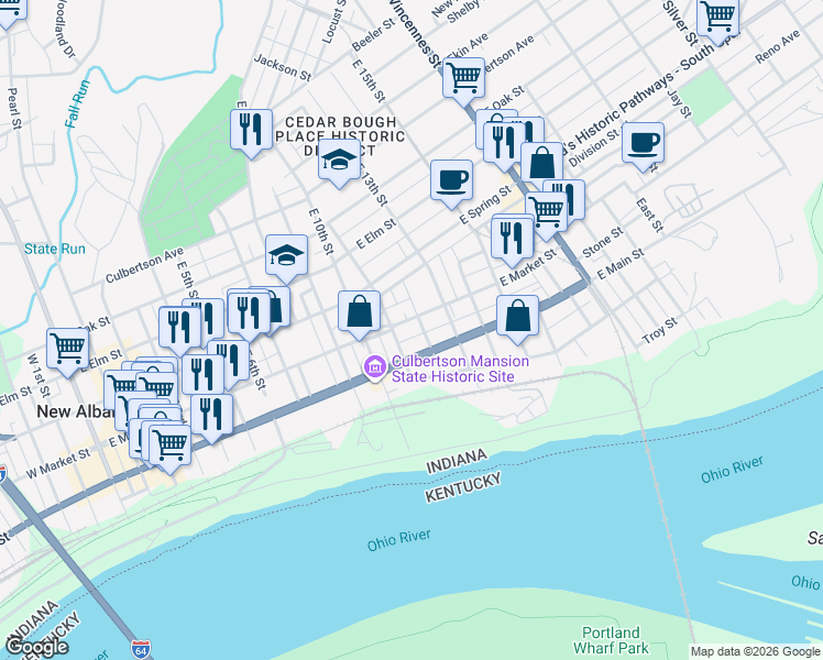 map of restaurants, bars, coffee shops, grocery stores, and more near 1015 East Main Street in New Albany