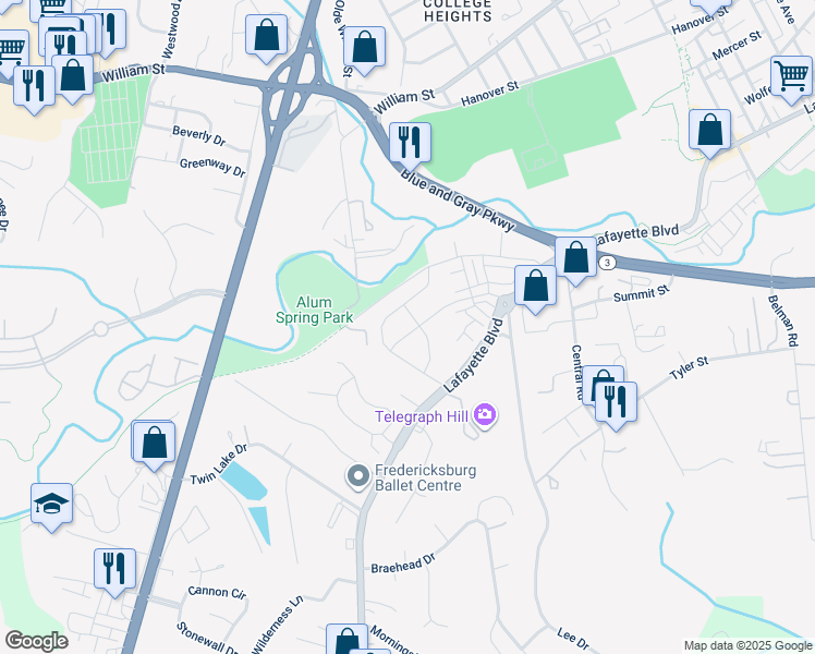 map of restaurants, bars, coffee shops, grocery stores, and more near 1603 Rampart Drive in Fredericksburg