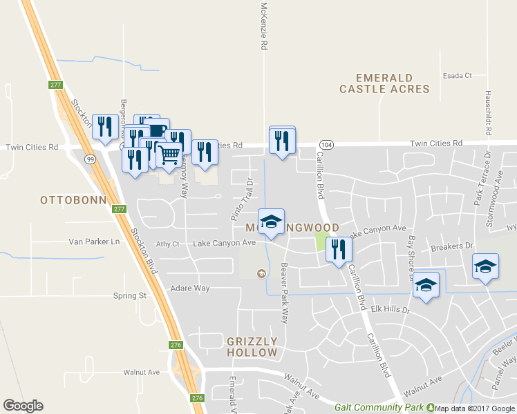 map of restaurants, bars, coffee shops, grocery stores, and more near 791 Morgans Ranch Circle in Galt