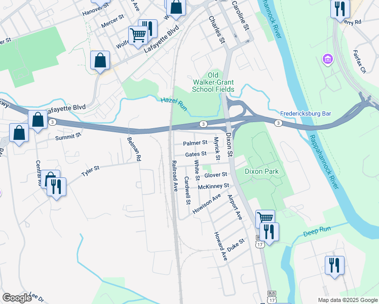 map of restaurants, bars, coffee shops, grocery stores, and more near 409 Gates Street in Fredericksburg