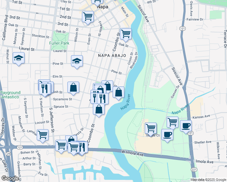 map of restaurants, bars, coffee shops, grocery stores, and more near 142 Brown Street in Napa