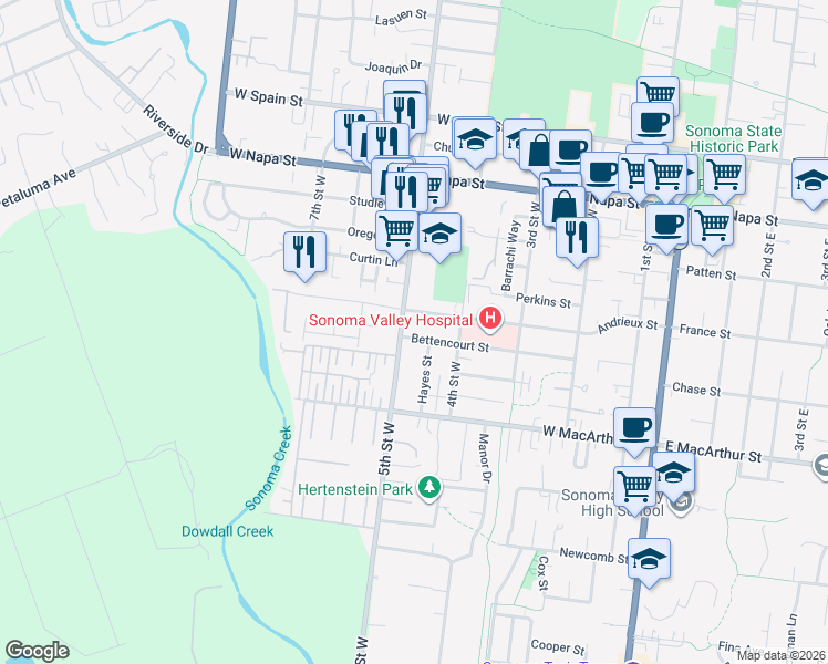 map of restaurants, bars, coffee shops, grocery stores, and more near 482 Bettencourt Street in Sonoma