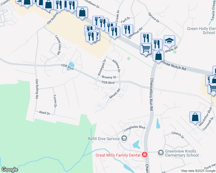 map of restaurants, bars, coffee shops, grocery stores, and more near 45544 Bective Way in Great Mills