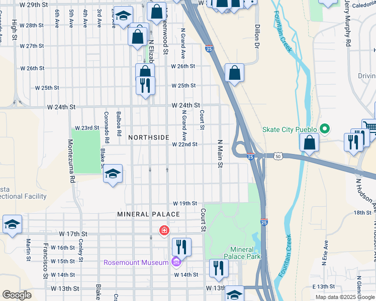 map of restaurants, bars, coffee shops, grocery stores, and more near 2126 North Grand Avenue in Pueblo