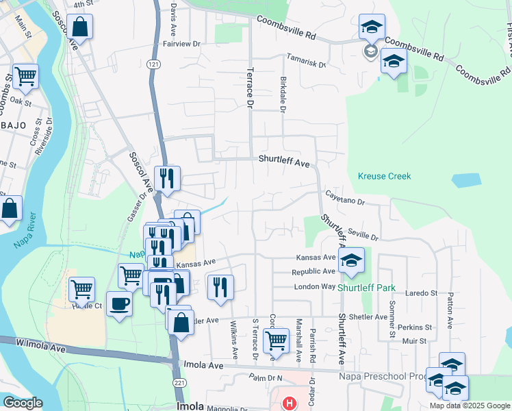 map of restaurants, bars, coffee shops, grocery stores, and more near 1963 South Terrace Drive in Napa