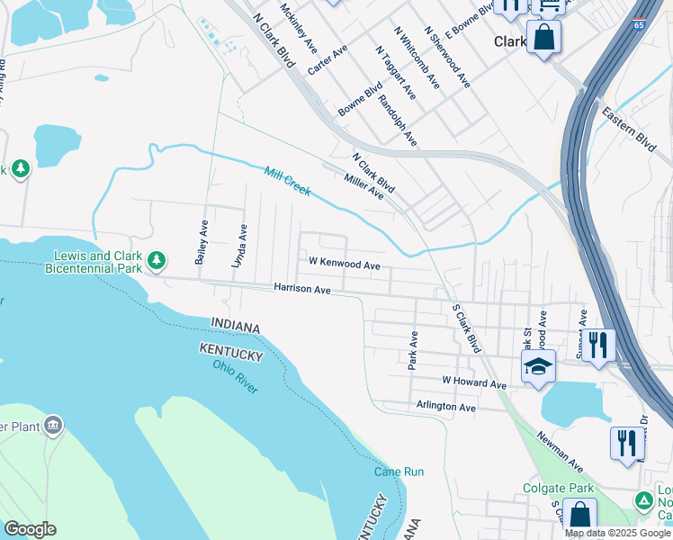 map of restaurants, bars, coffee shops, grocery stores, and more near 651 Harrison Avenue in Clarksville