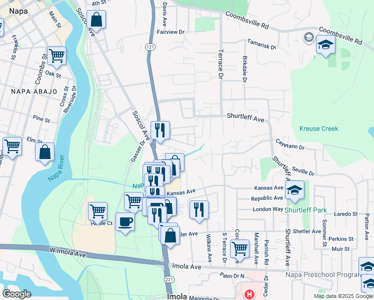 map of restaurants, bars, coffee shops, grocery stores, and more near 914 Cayetano Drive in Napa