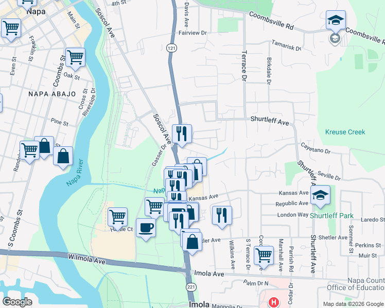 map of restaurants, bars, coffee shops, grocery stores, and more near 350 Soscol Avenue in Napa