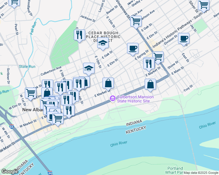 map of restaurants, bars, coffee shops, grocery stores, and more near 912 East Market Street in New Albany