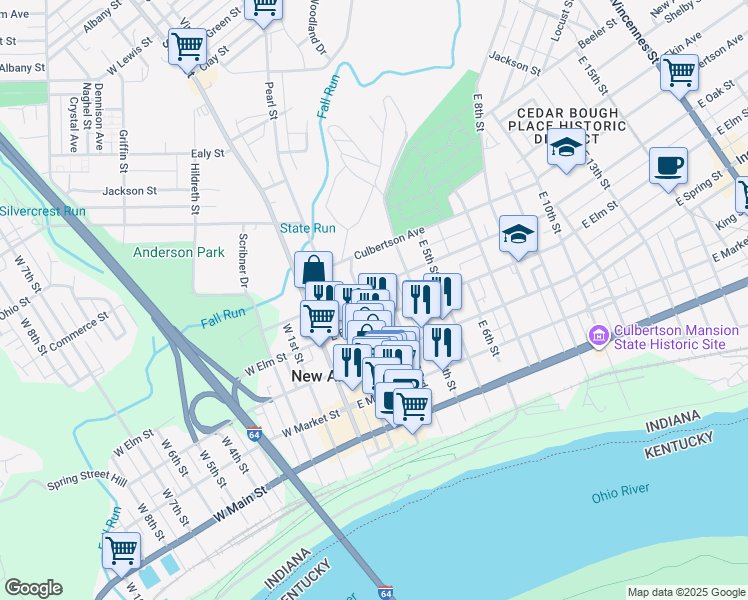 map of restaurants, bars, coffee shops, grocery stores, and more near 202 East Elm Street in New Albany