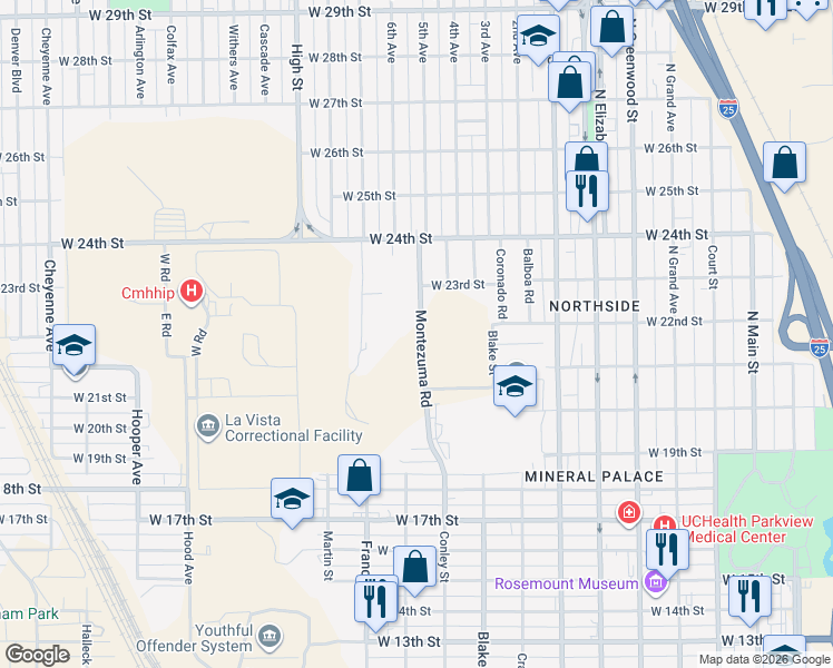 map of restaurants, bars, coffee shops, grocery stores, and more near 2121 Montezuma Road in Pueblo