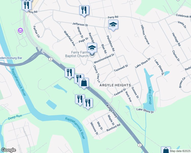 map of restaurants, bars, coffee shops, grocery stores, and more near 2 Berkeley Place in Fredericksburg