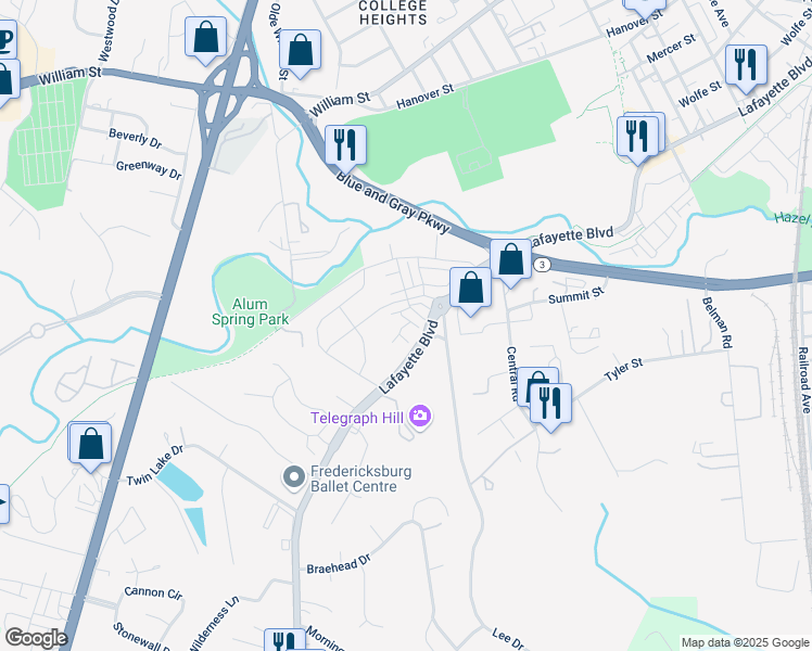 map of restaurants, bars, coffee shops, grocery stores, and more near 1114 Spur Lane in Fredericksburg