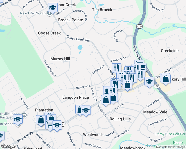 map of restaurants, bars, coffee shops, grocery stores, and more near 2725 Langdon Drive in Louisville