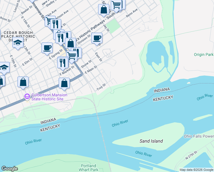 map of restaurants, bars, coffee shops, grocery stores, and more near 1000-1118 Floyd St in New Albany