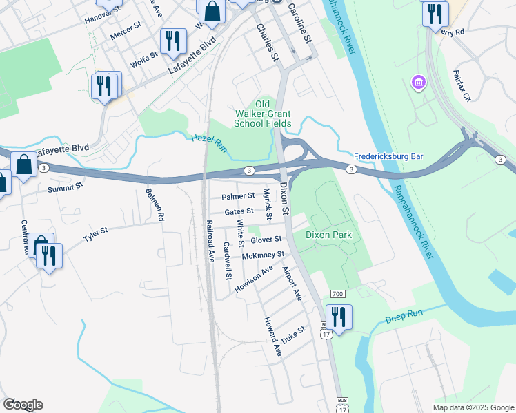 map of restaurants, bars, coffee shops, grocery stores, and more near 313 Gates Street in Fredericksburg