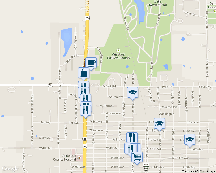 map of restaurants, bars, coffee shops, grocery stores, and more near 298 Elm Street in Garnett