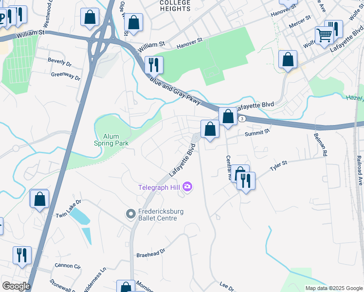 map of restaurants, bars, coffee shops, grocery stores, and more near 1114 Spur Lane in Fredericksburg