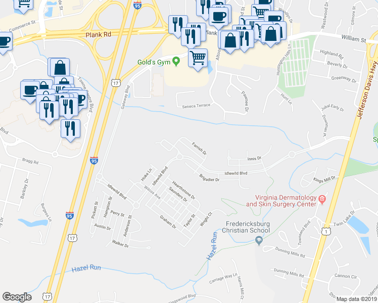 map of restaurants, bars, coffee shops, grocery stores, and more near 1719 Idlewild Boulevard in Fredericksburg