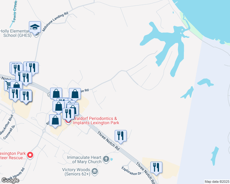 map of restaurants, bars, coffee shops, grocery stores, and more near 22615 Woods Lane in Lexington Park
