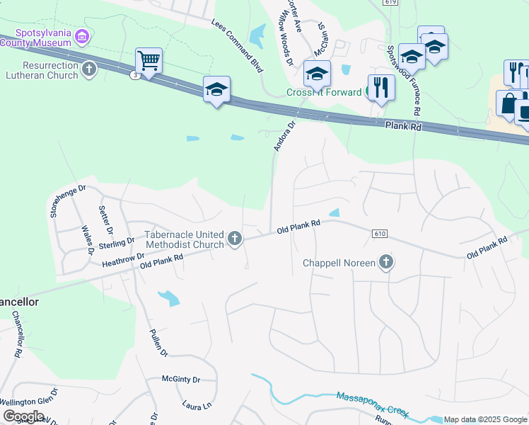 map of restaurants, bars, coffee shops, grocery stores, and more near 12008 Andora Drive in Fredericksburg