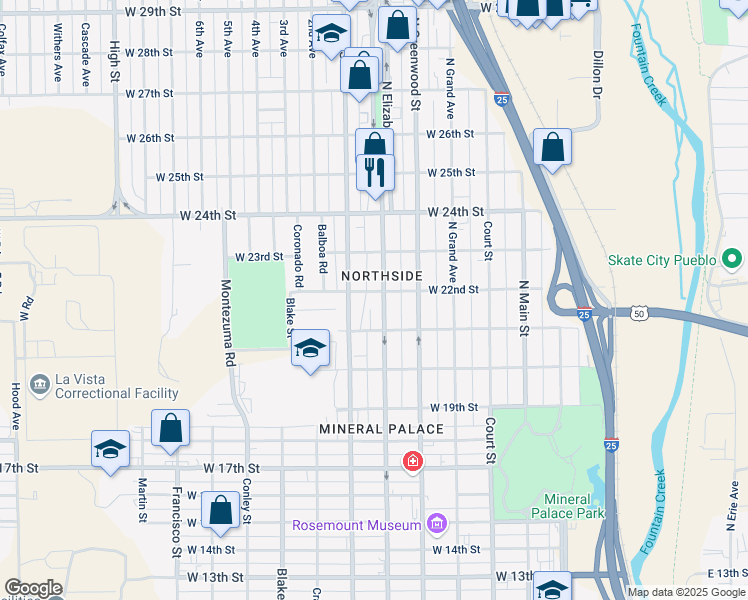 map of restaurants, bars, coffee shops, grocery stores, and more near 2121 North Elizabeth Street in Pueblo