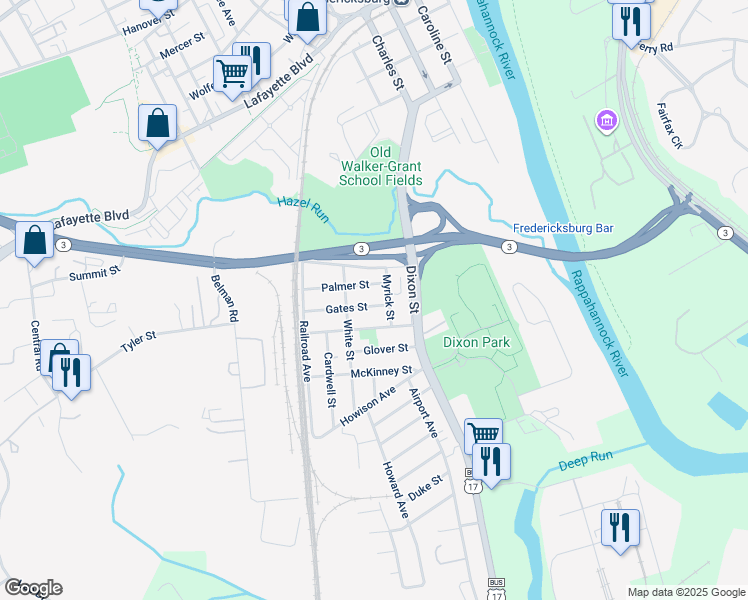 map of restaurants, bars, coffee shops, grocery stores, and more near 313 Gates Street in Fredericksburg