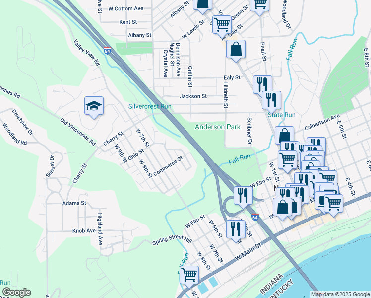 map of restaurants, bars, coffee shops, grocery stores, and more near Interstate 64 in New Albany