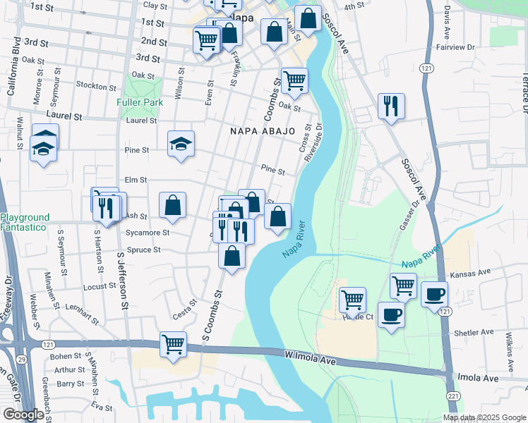map of restaurants, bars, coffee shops, grocery stores, and more near 144 Brown Street in Napa