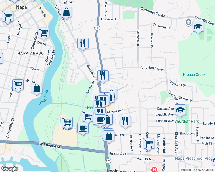 map of restaurants, bars, coffee shops, grocery stores, and more near 105 Adobe Lane in Napa