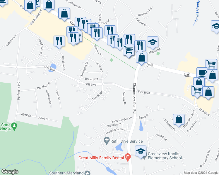 map of restaurants, bars, coffee shops, grocery stores, and more near 22579 Lower Kells Lane in Great Mills