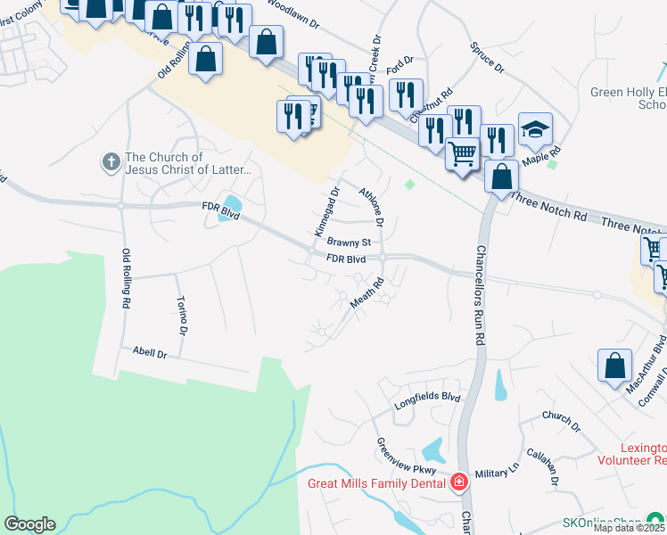 map of restaurants, bars, coffee shops, grocery stores, and more near 45522 Westmeath Way in Great Mills