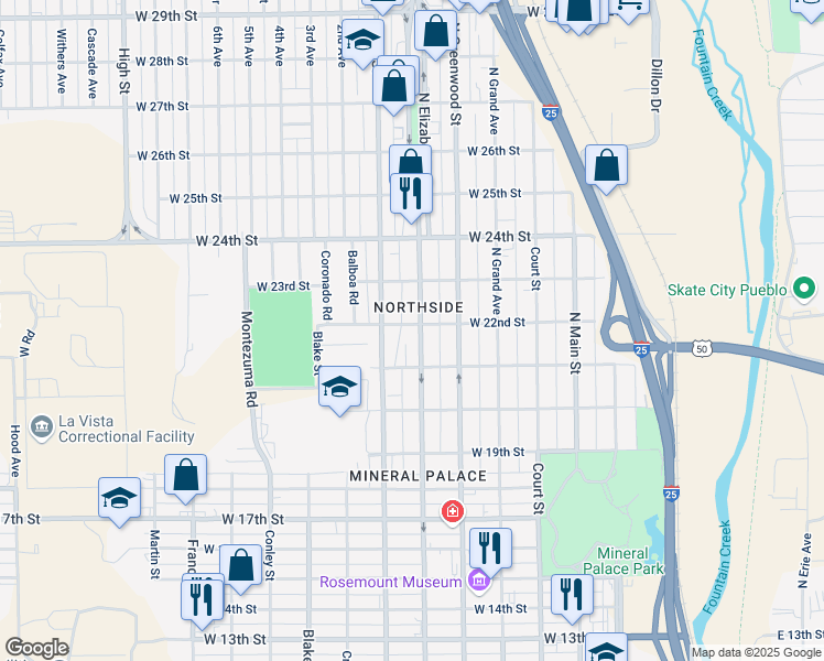 map of restaurants, bars, coffee shops, grocery stores, and more near 2121 North Elizabeth Street in Pueblo