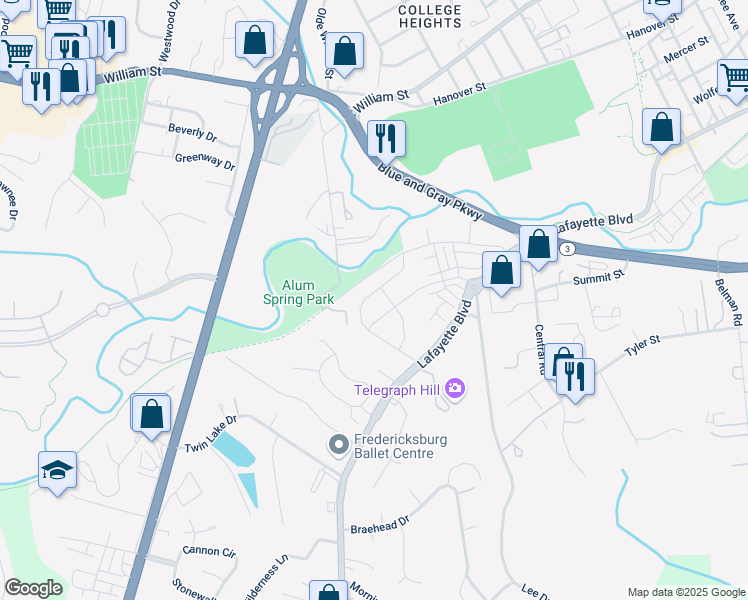 map of restaurants, bars, coffee shops, grocery stores, and more near 1223 City View Lane in Fredericksburg