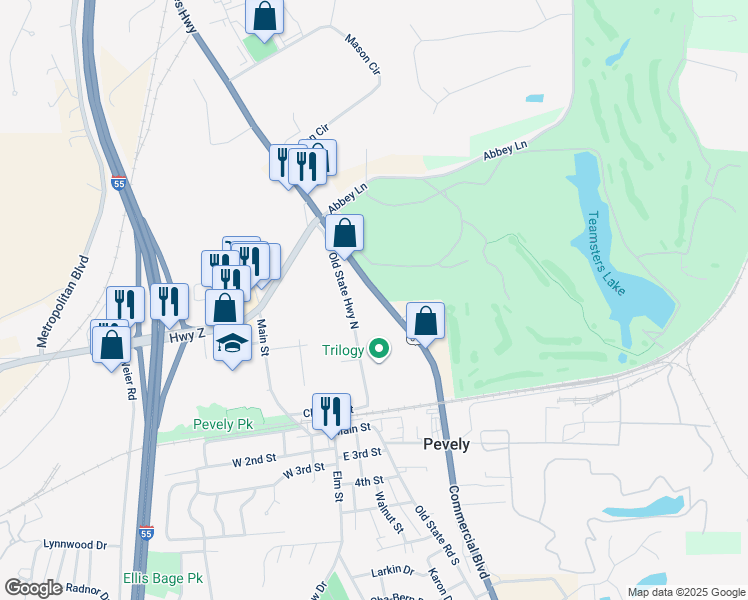 map of restaurants, bars, coffee shops, grocery stores, and more near 8733 Commercial Boulevard in Pevely