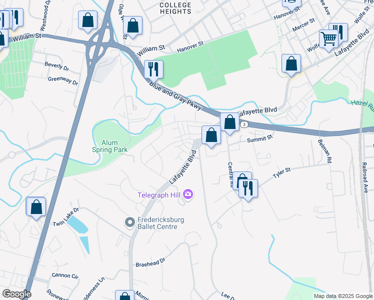 map of restaurants, bars, coffee shops, grocery stores, and more near 1010 Trestle Drive in Fredericksburg
