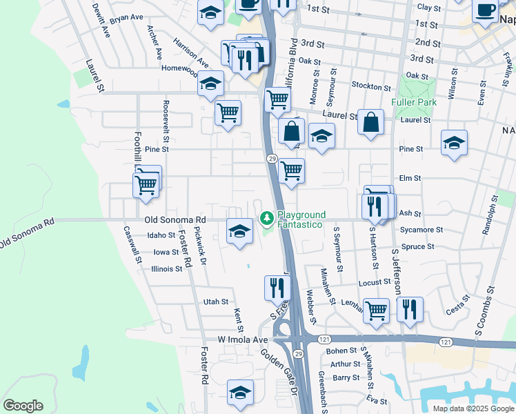 map of restaurants, bars, coffee shops, grocery stores, and more near 2531 Hawthorne Court in Napa