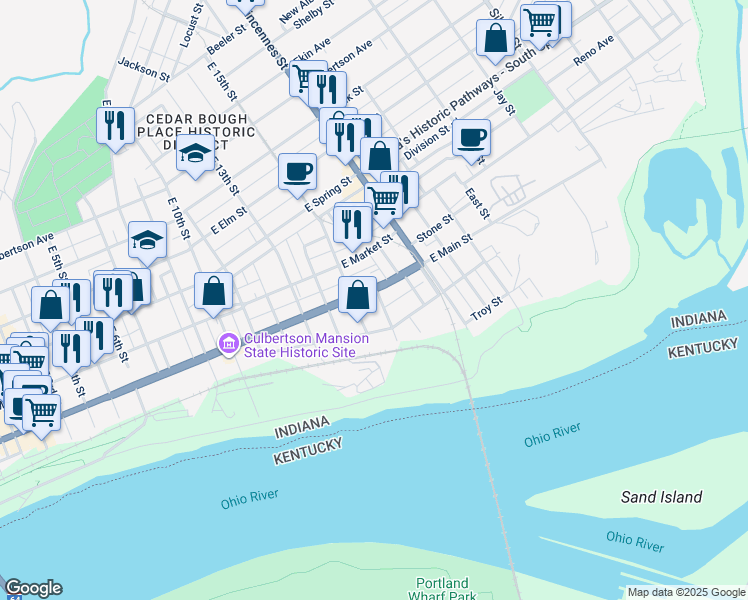 map of restaurants, bars, coffee shops, grocery stores, and more near 1611 East Main Street in New Albany