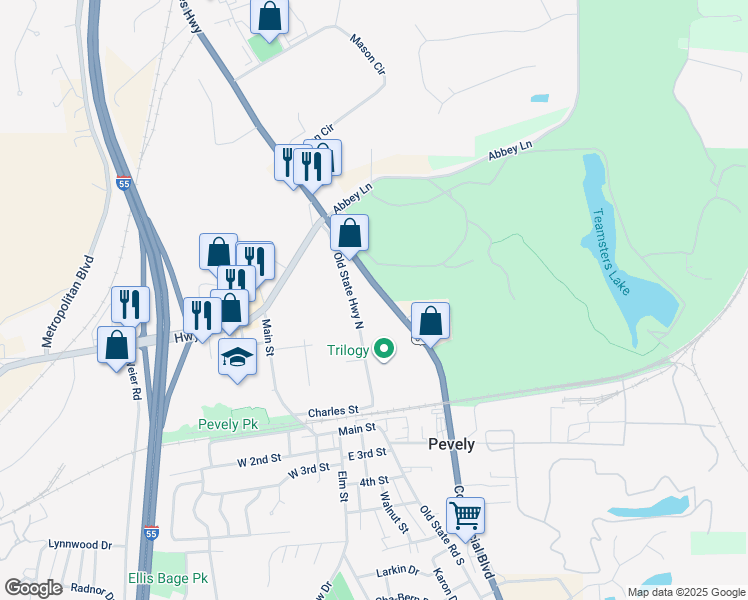map of restaurants, bars, coffee shops, grocery stores, and more near 8733 Commercial Boulevard in Pevely